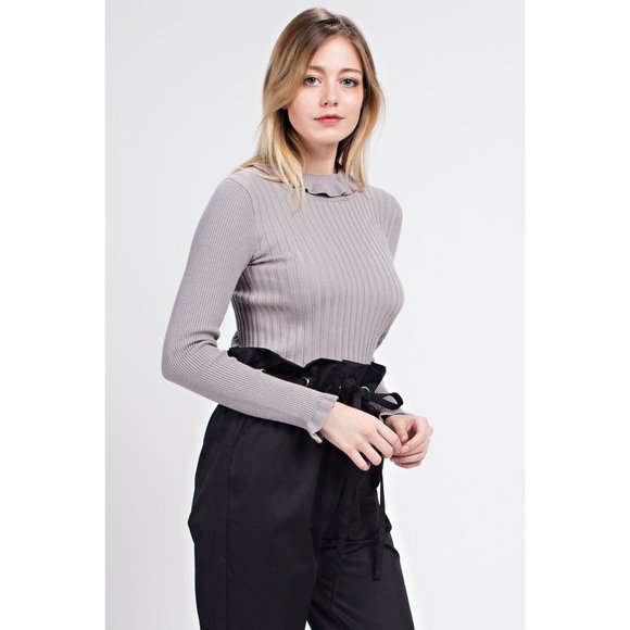 Women's Casual Ruffled Ribbed Turtle Neck Long Sleeve Sweater - Picture 4 of 10